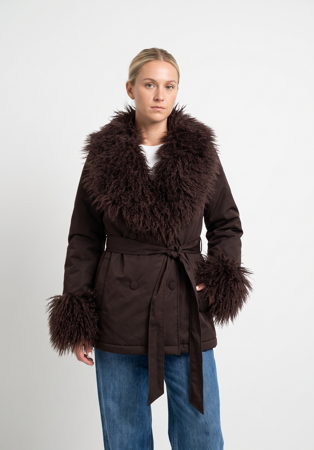 MANTEAU AVEC COL FAUSSE FOURRURE MOUTON DE MONGOLIE - K-ZELL PARIS