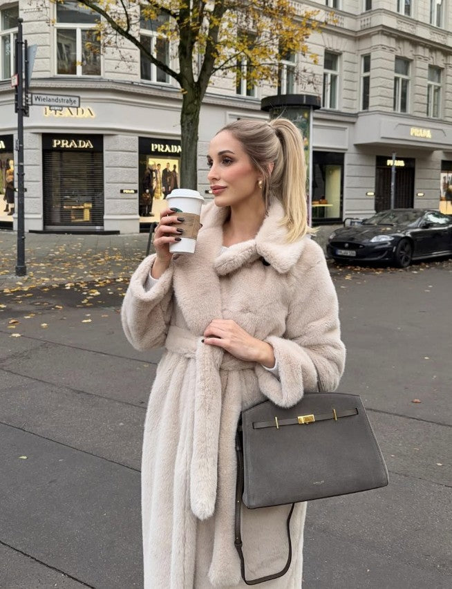 LONG FAUX FUR COAT WITH BELTED BACK