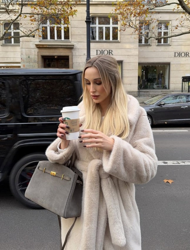 LONG FAUX FUR COAT WITH BELTED BACK