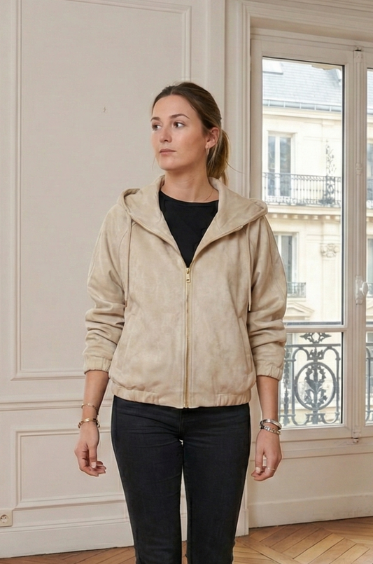 SUEDE-EFFECT HOODED ZIP-UP JACKET