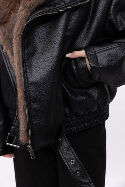 BLOUSON SIMILICUIR AVEC COL FAUSSE FOURRURE AMOVIBLE - K-ZELL PARIS