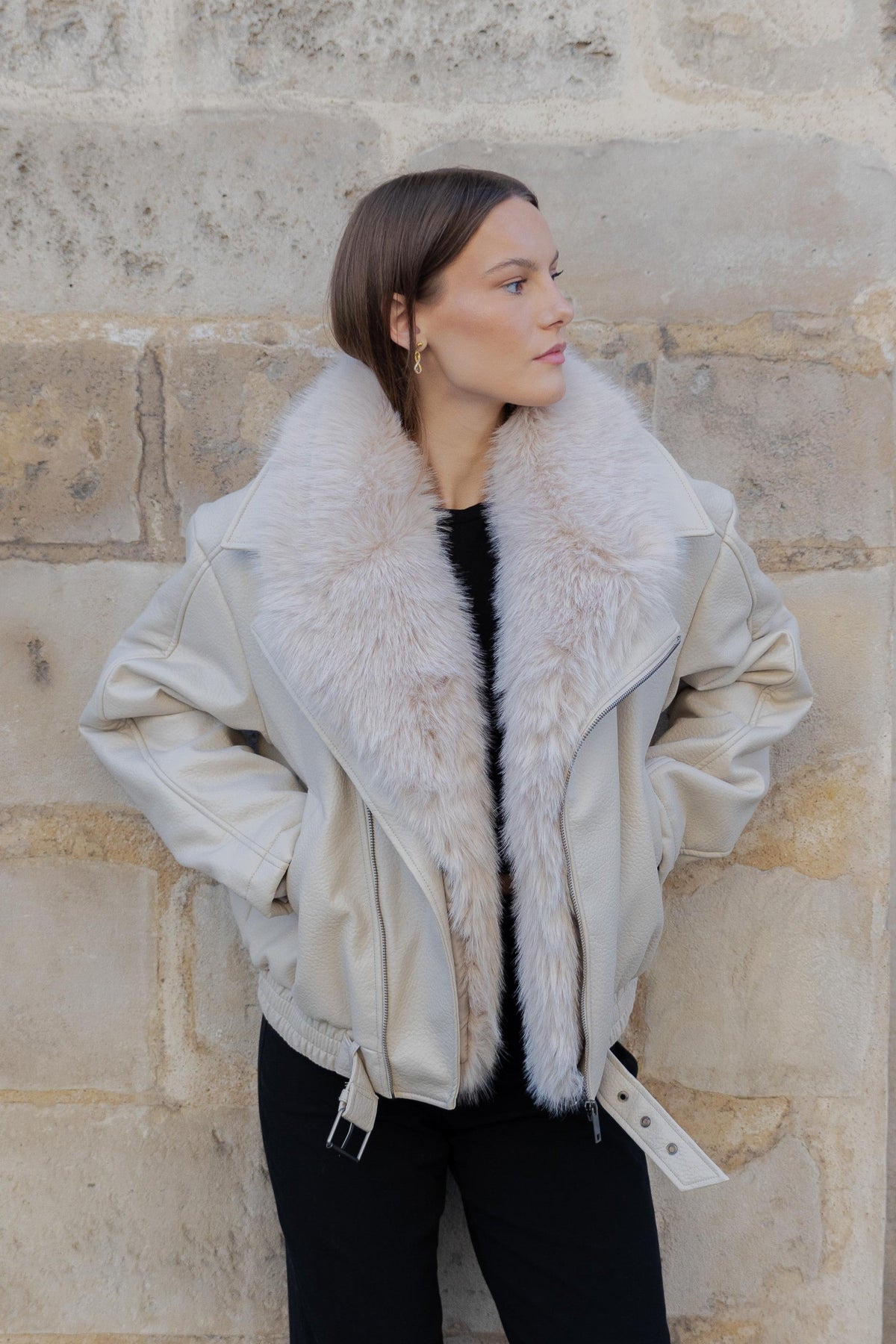 BLOUSON SIMILICUIR AVEC COL FAUSSE FOURRURE AMOVIBLE - K-ZELL PARIS