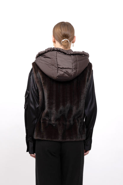 FAUX FUR VEST WITH CONTRAST HOOD