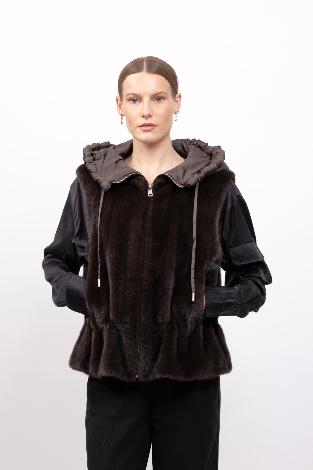 FAUX FUR VEST WITH CONTRAST HOOD