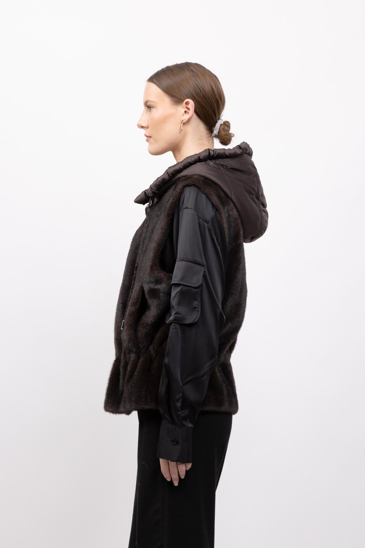 FAUX FUR VEST WITH CONTRAST HOOD