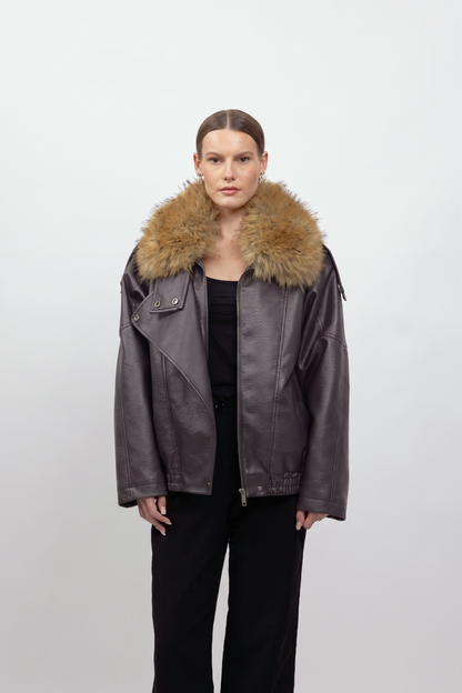 BLOUSON SIMILICUIR AVEC COL EN FAUSSE FOURRURE AMOVIBLE