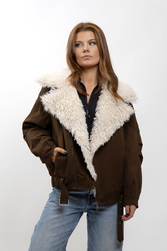 BLOUSON BIKER AVEC FAUSSE FOURRURE MOUTON