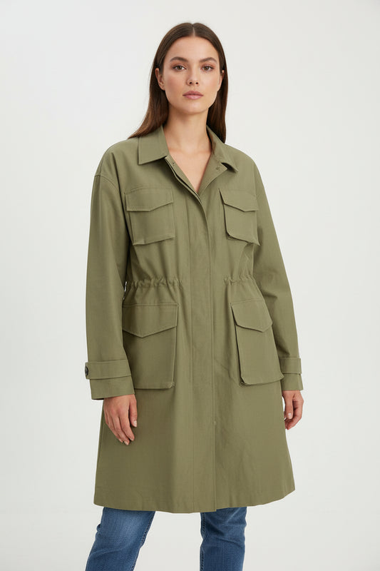 Mid-length belted parka with pockets