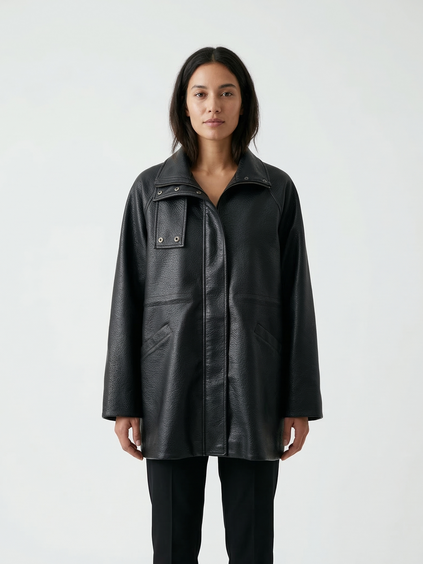 HIGH-COLLAR FAUX LEATHER COAT