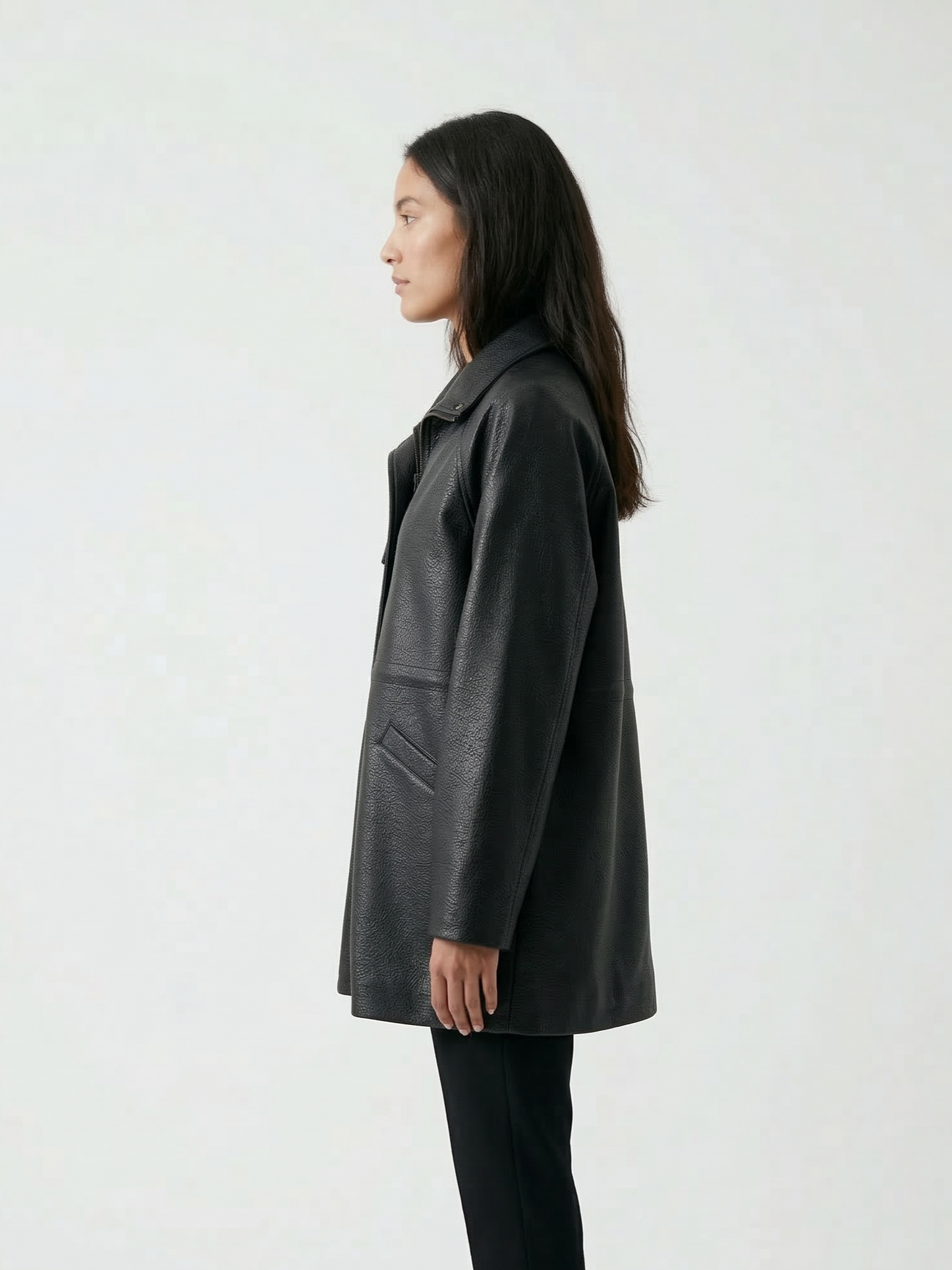 HIGH-COLLAR FAUX LEATHER COAT